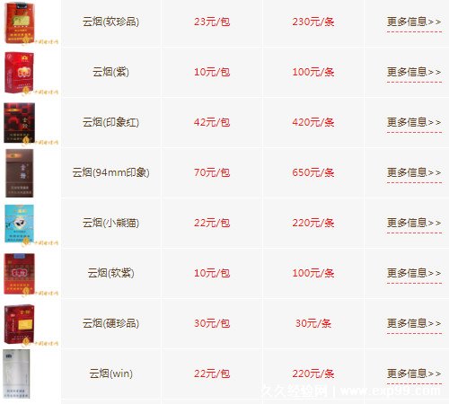 2022年最新云烟香烟价格及图片大全
